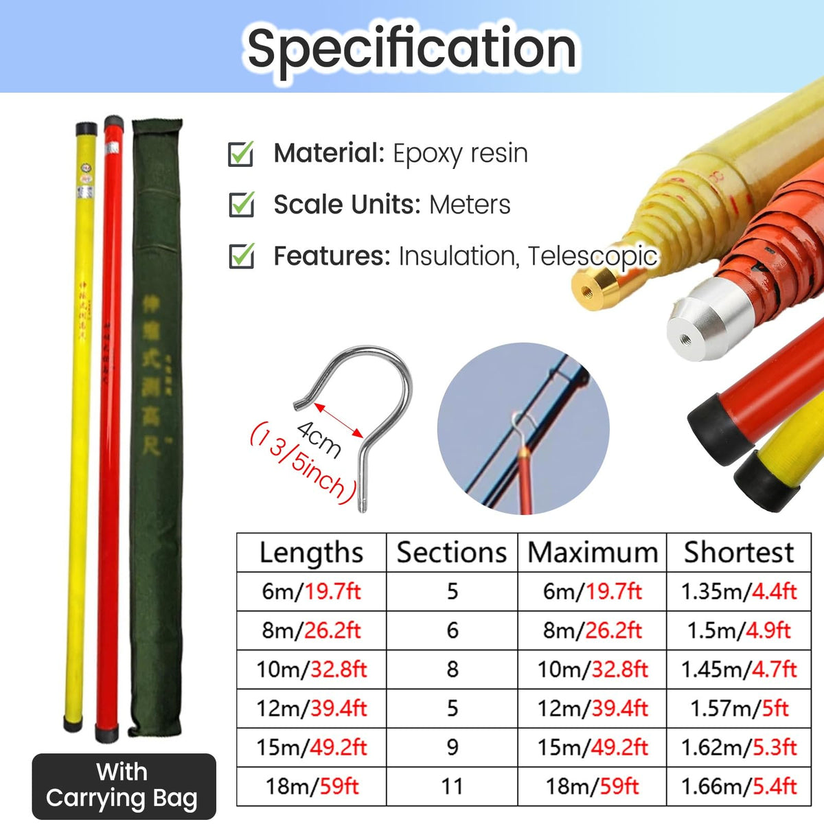 Telescoping Height Measuring Stick 32.8ft (10m) for Forestry & Utility Work, Epoxy Resin Gauge with Hook, Durable Distance Measuring Pole for Linemen (1 Pack)