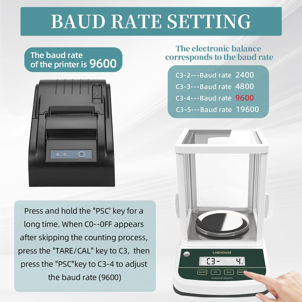 Digital Analytical Balance(Dual Display) High Precise 1mg 200g Lab Scale External Calibration, 200g/0.001g + 58MM Thermal Line Printer, RS-232 Serial Interface