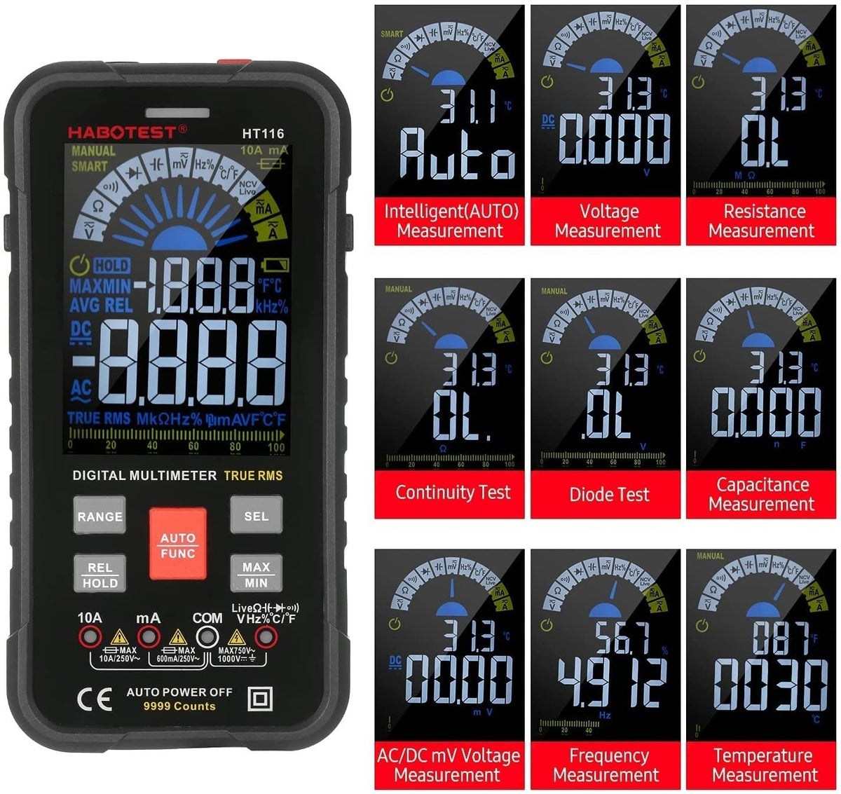 Multimeter, Auto-Ranging Digital Multimeter, Electrical Tester with NCV, True RMS 9999 Counts AC/DC Voltmeter Ammeter Ohmmeter, Resistance, Live Line Digital Testers with LCD Backlight