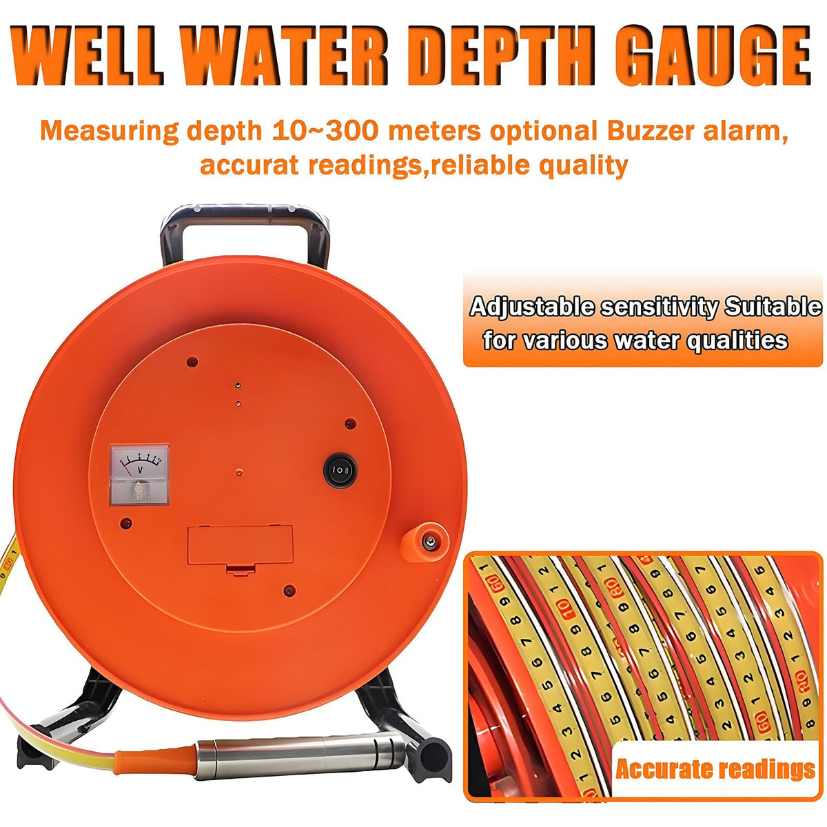 Well Water Depth Gauge, Water Level Meter Well Water Level Indicator Water Level Measurement with Fixed Probe and Steel Tape for Wells, Boreholes, Reservoirs and Pipes 30m