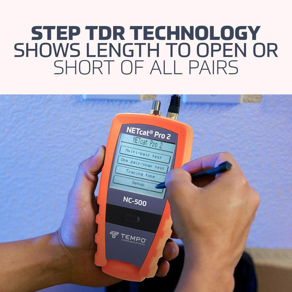 TEMPO NC-500 Digital Cable Tester for Voice, Data, Video, Coax, Etherne, Step TDR Wiring Troubleshooter, POE CAT5 CAT5e CAT6 Coax STP UTP (Professional Grade)