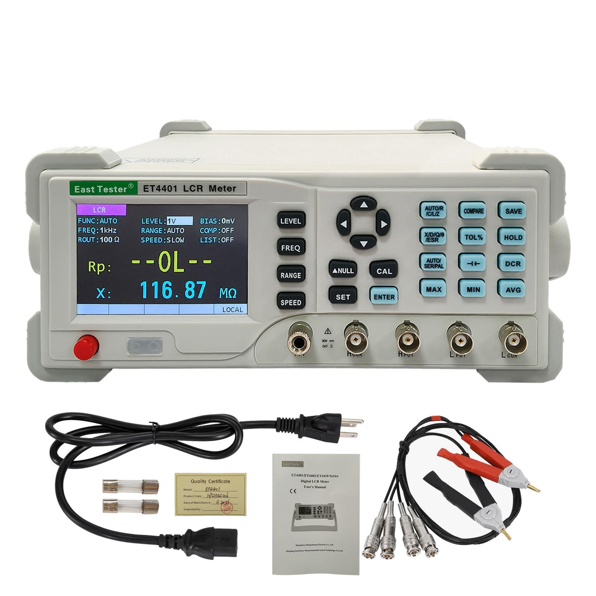 Upgraded ET4401 LCR Meter100Hz–10kHz Programmable Benchtop Analyzer 0.2% Accuracy 10 Test Frequencies 5-Digit TFT Display Inductance Capacitance Resistance Tester Sorting Function Kelvin clamp