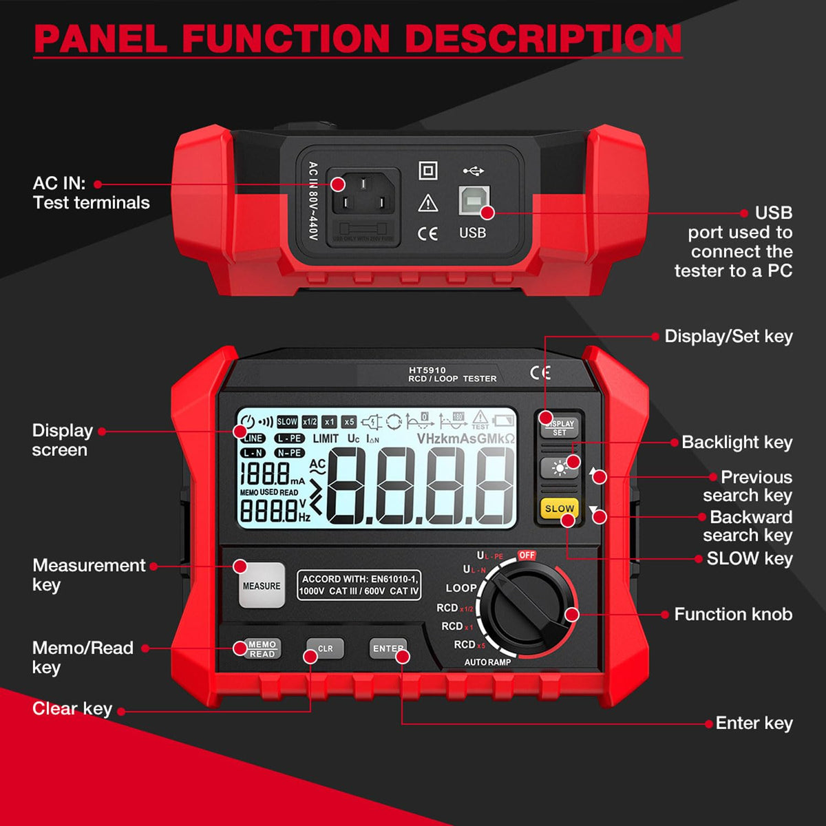 0.1~2000Ω Insulation Loop Tester, 0~440V Digital Loop Resistance Tester, with 1000pcs Data Storage, Full Auto Range Electrical Instruments Meter, Auto Shutdown, RCD Test Instrument, for Industry