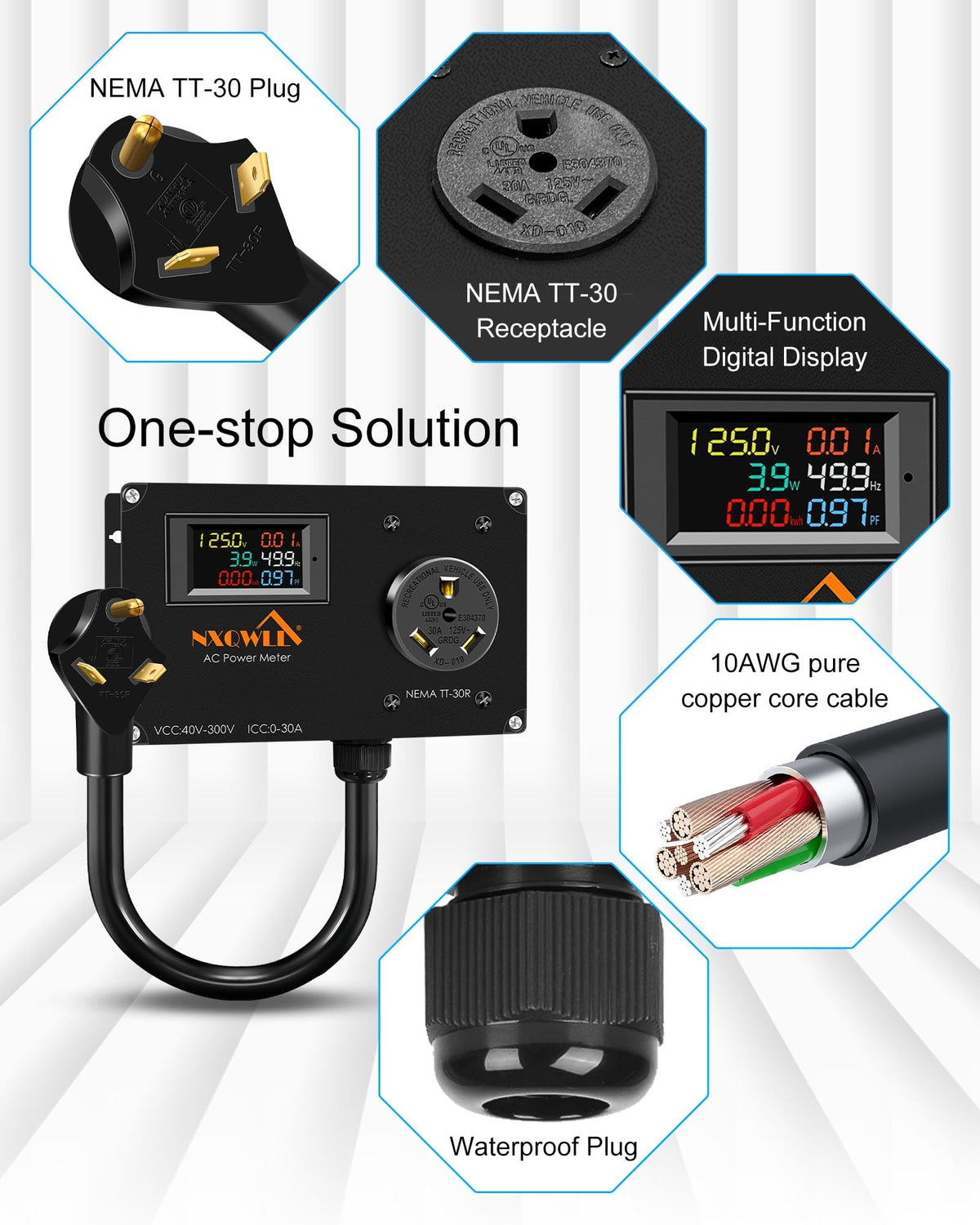 30A AC Power Meter,TT-30P to TT-30R Outlet Monitor for Generator, 125V LCD Display Digital Multimeter Tester, Multifunction Energy Monitor