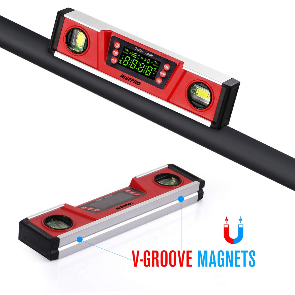 10-Inch Digital Torpedo Level and Protractor IP54 Protected Electronic Bubble Inclinometer, Angle Finder, Gauge w/Large VA Display & V-Groove Base DL135N