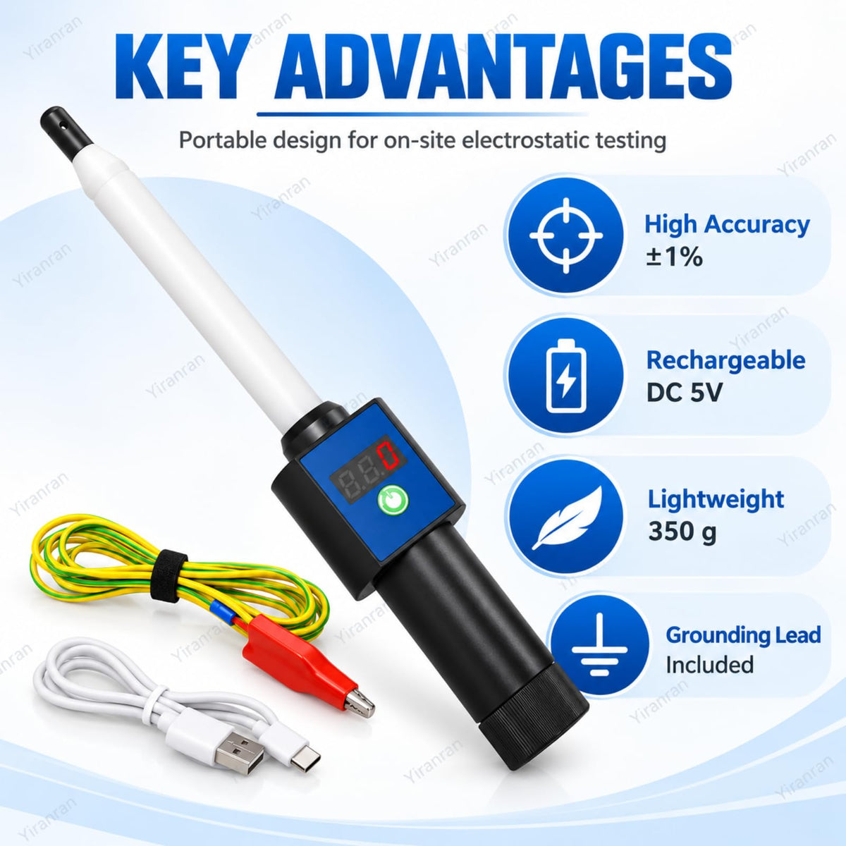0~±100kV Electrostatic Tester, Digital High Voltage Probe, ±1% High Accuracy Handheld Static Meter with LED Display, Automatic Measurement for Powder Coating & Industrial Use