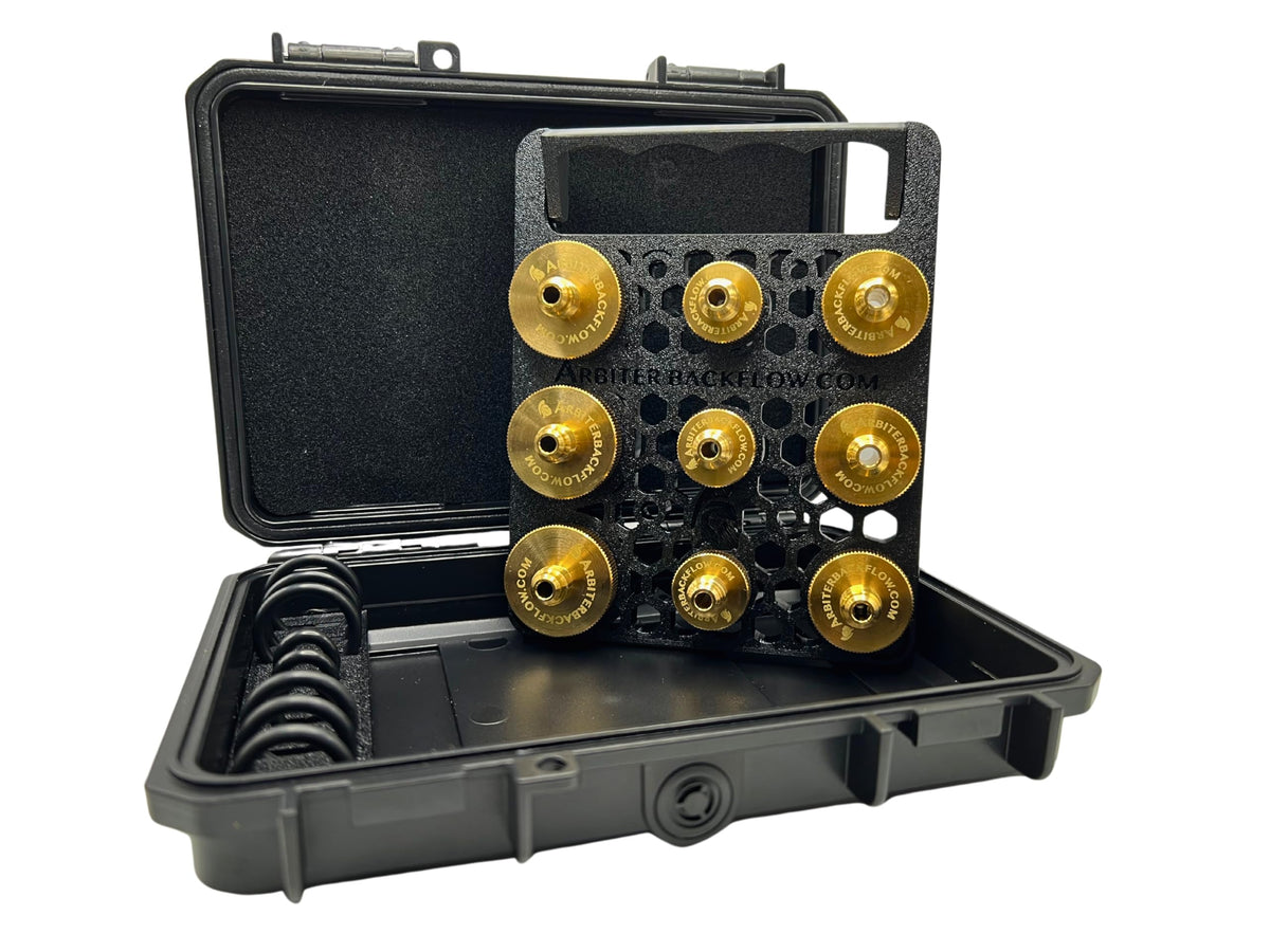 Arbiter Backflow Quick Connect Test Fittings (Brass, Complete Set of 9 Fittings in a Holder)