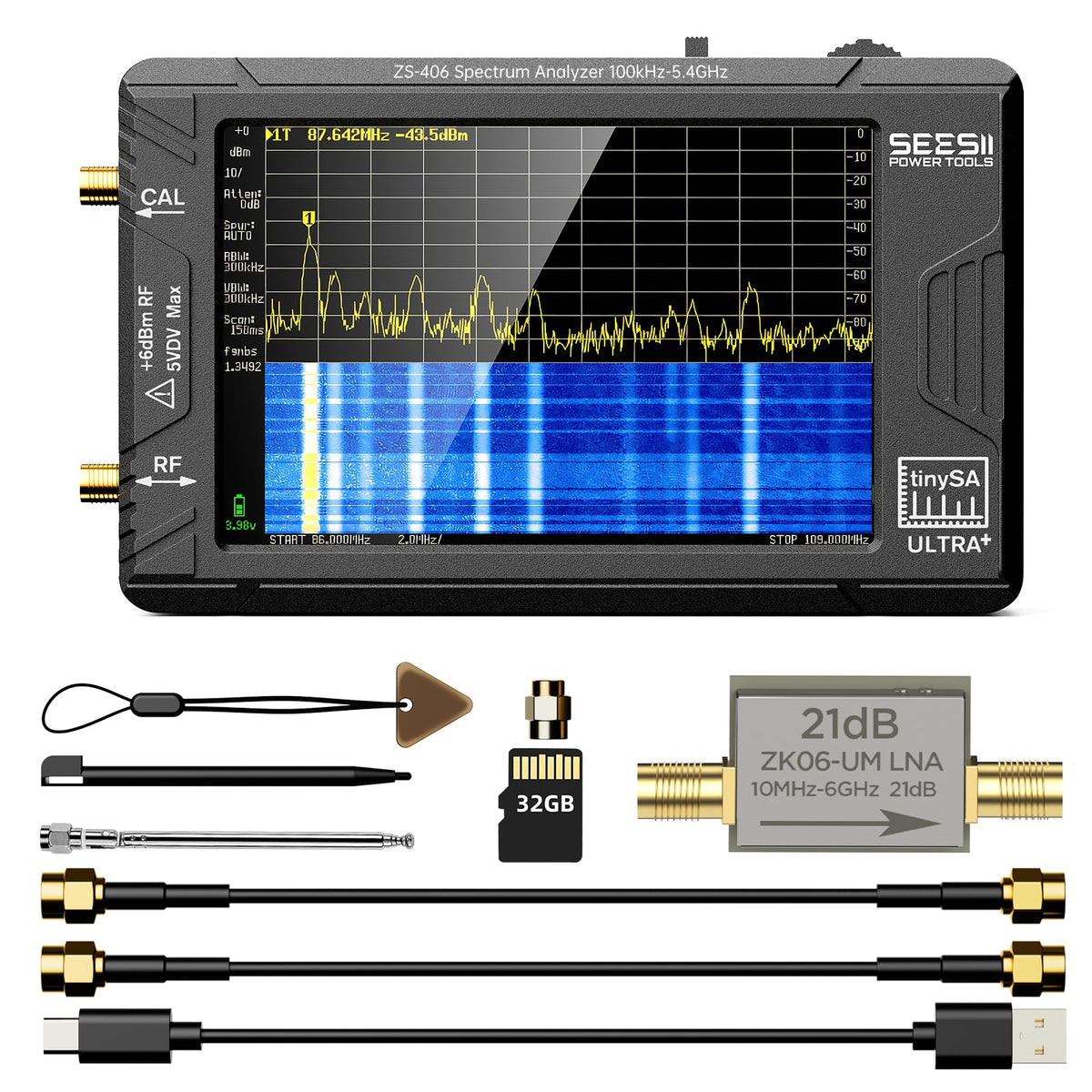 SEESII TinySA Ultra+ ZS406 Spectrum Analyzer 5.4GHz with ZK06 20dB LNA