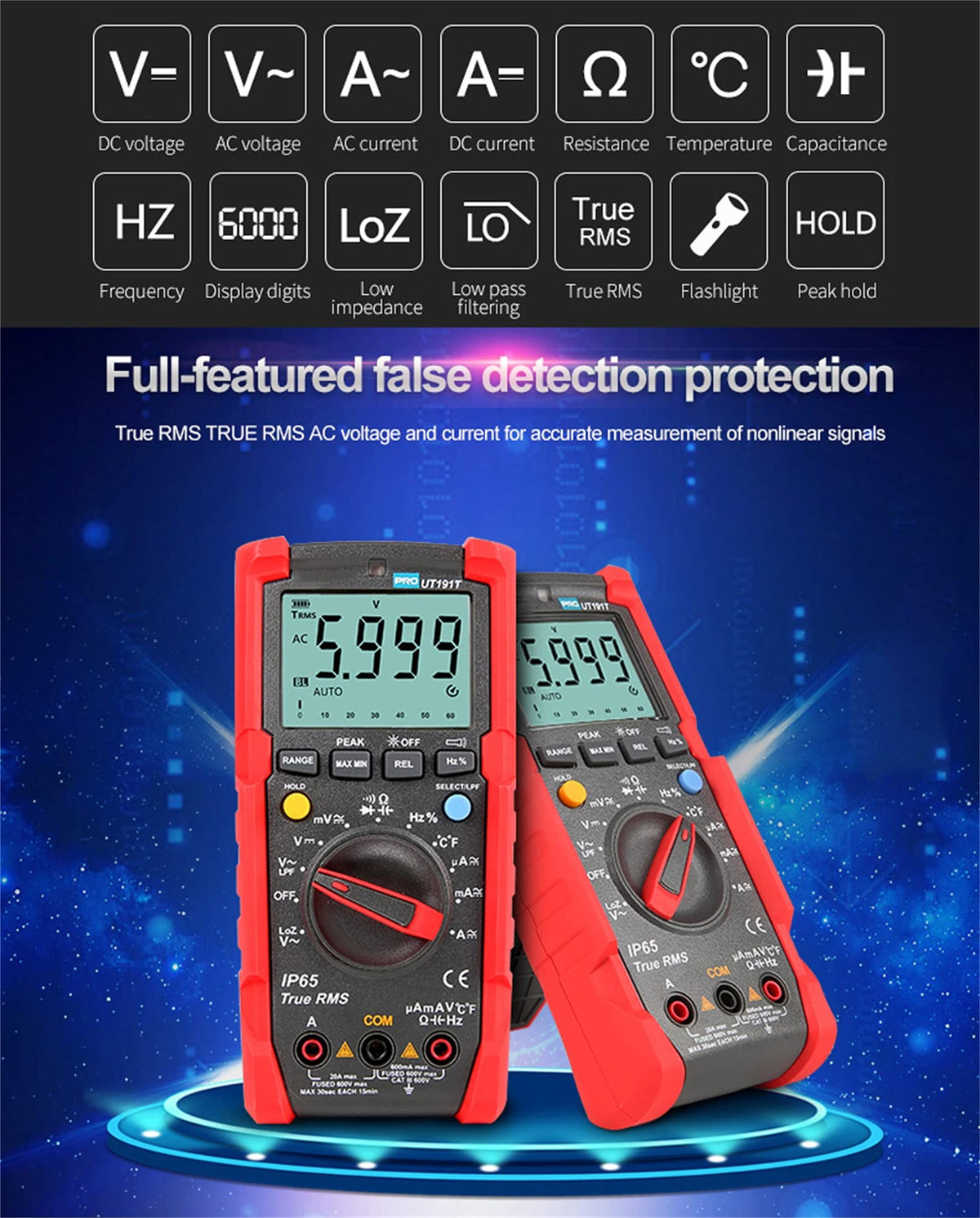 Tester High Precision Industrial Multimeter, TRUE RMS AC Voltage and Current, Can Accurately Measure Nonlinear Signals