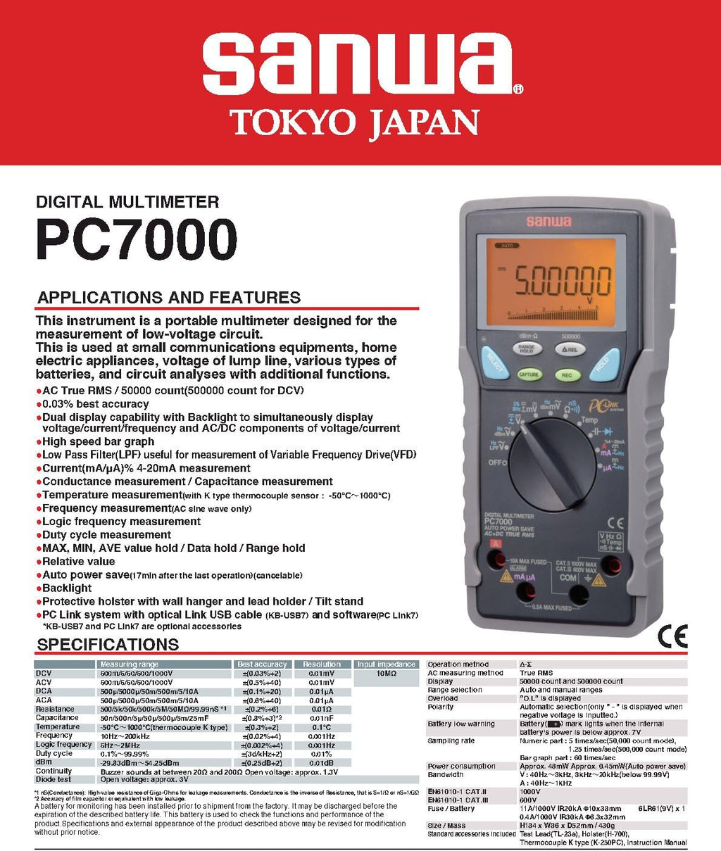 Japan Sanwa PC7000 Digital Multimeters (PC Link) 500000 Count for DCV, Dual Display(PC7000)