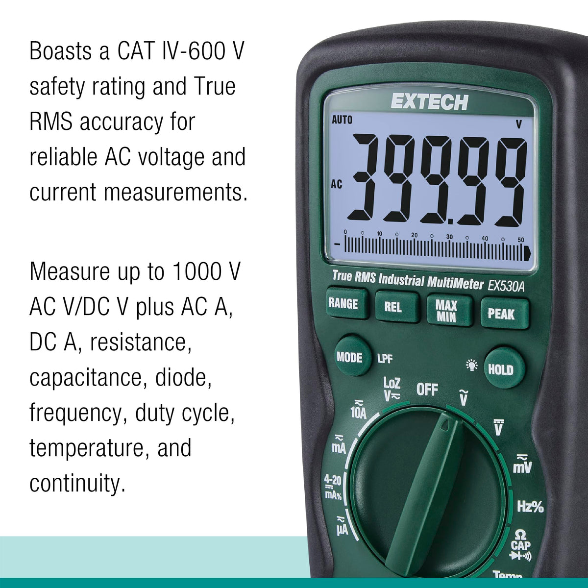 Extech EX530A Heavy Duty True RMS Multimeter, 50000 Count, IP67