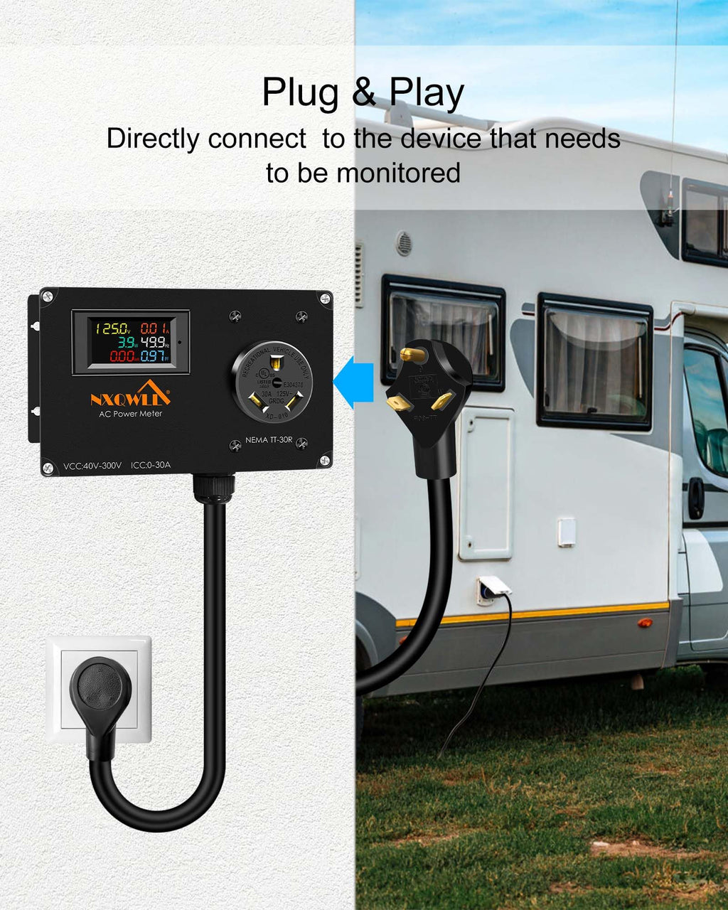 30A AC Power Meter,TT-30P to TT-30R Outlet Monitor for Generator, 125V LCD Display Digital Multimeter Tester, Multifunction Energy Monitor
