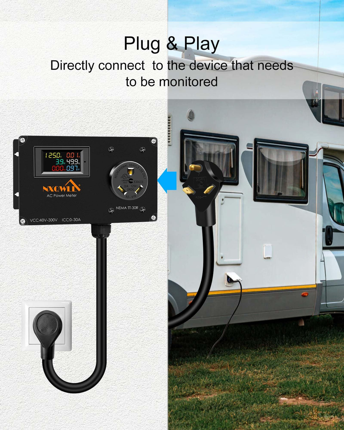 30A AC Power Meter,TT-30P to TT-30R Outlet Monitor for Generator, 125V LCD Display Digital Multimeter Tester, Multifunction Energy Monitor