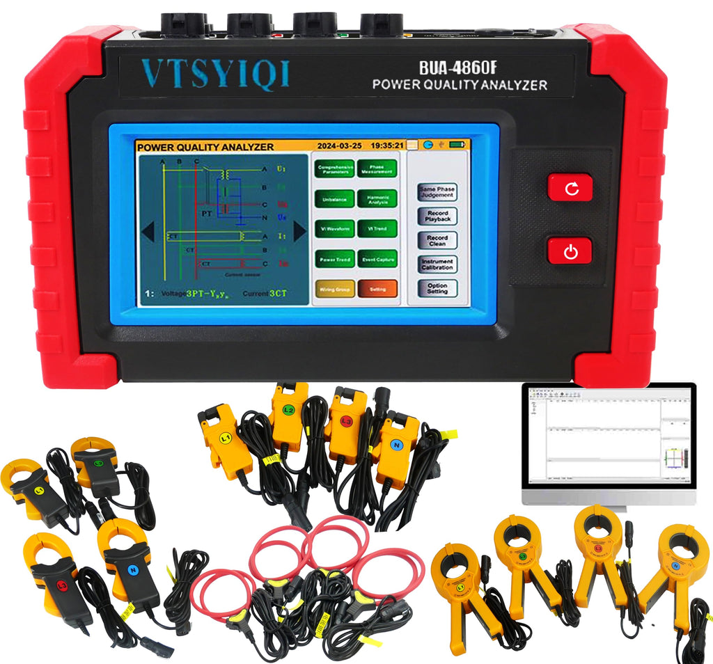 Three Phase Power Quality Analyzer Digital 3 Phase Power Quality Analyzer Meter with 16 PCS Current Clamp Sensor 10mA-6000A 3 Channels Voltage 4 Channels Current IEC61010-1 Standard