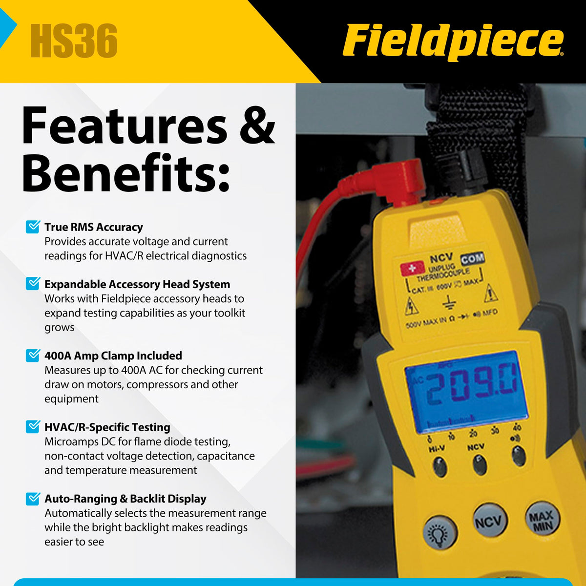 Fieldpiece HS36 Expandable Autoranging True RMS Stick Multimeter w/Backlight