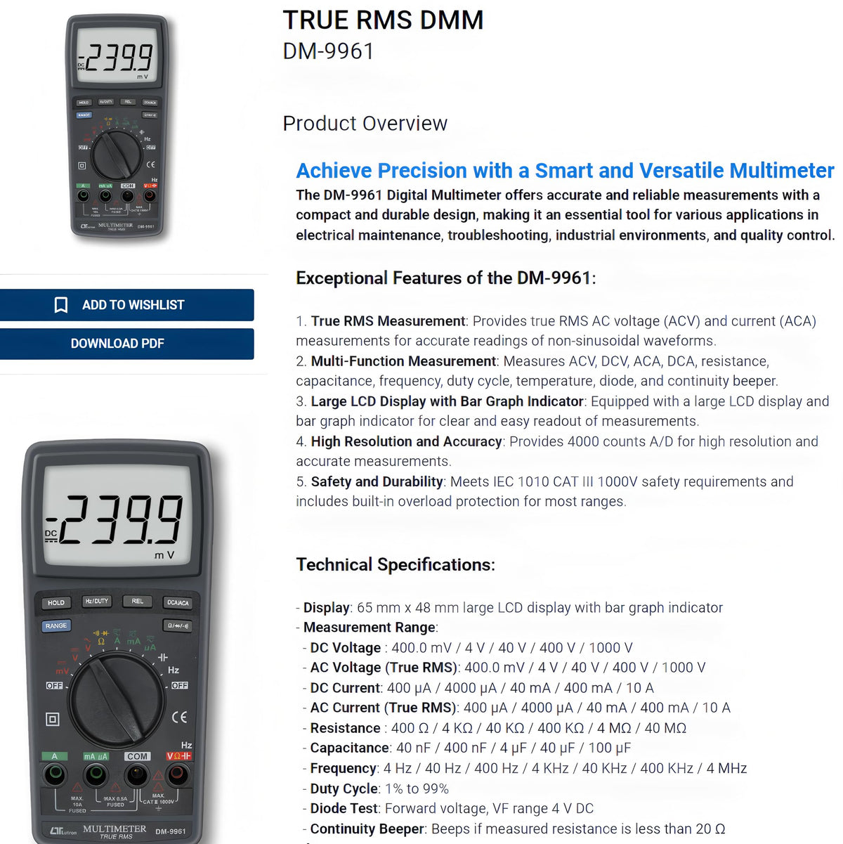 i-POOK DM-9961 Digital TRUE RMS Multimeter AC/DC Voltmeter Ammeter Non-contact Voltage Detector Electric Current Tester Hz Diode Capacitor with Bar Graph Indicator made in Taiwan