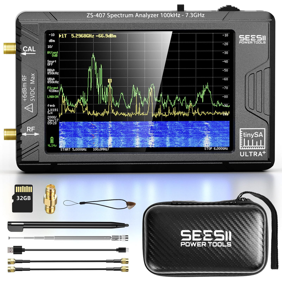 SeeSii TinySA Ultra+ ZS407 7.3GHz Spectrum Analyzer: 2026 Upgraded 4 Inch HW V0.5.4 100kHz-7.3GHz Handheld Tiny Frequency Analyzer - 2-in-1 RF Signal Generator 100kHz to 900MHz MF/HF/VHF UHF