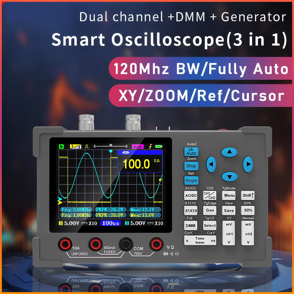 ZEEWEII 3in1 Digital Oscilloscope Multimeter Signal Generator Dual Channel 120Mhz Bandwidth 250MSa/s Sampling Rate Handheld Oscilloscope(DSO3D12)