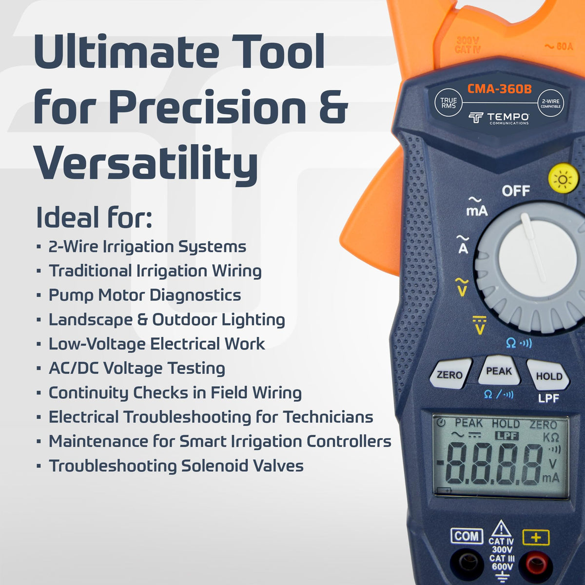 TEMPO CMA-360B True RMS Pro Milliamp Clamp Meter AC/DC Current - Measure Voltage, Resistance, Current - 2-Wire Irrigation, Electrician Amp Meter Clamp AC/DC (Professional Grade)