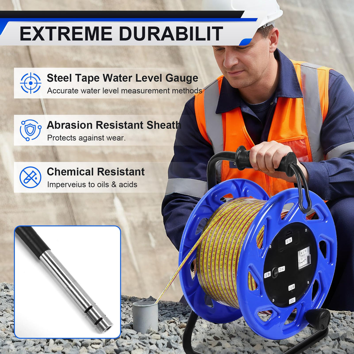 100m Well Water Level Indicator with Fixed Probe and Steel Tape Groundwater Level Measuring Instrument for Wells Boreholes Reservoirs and Pipes