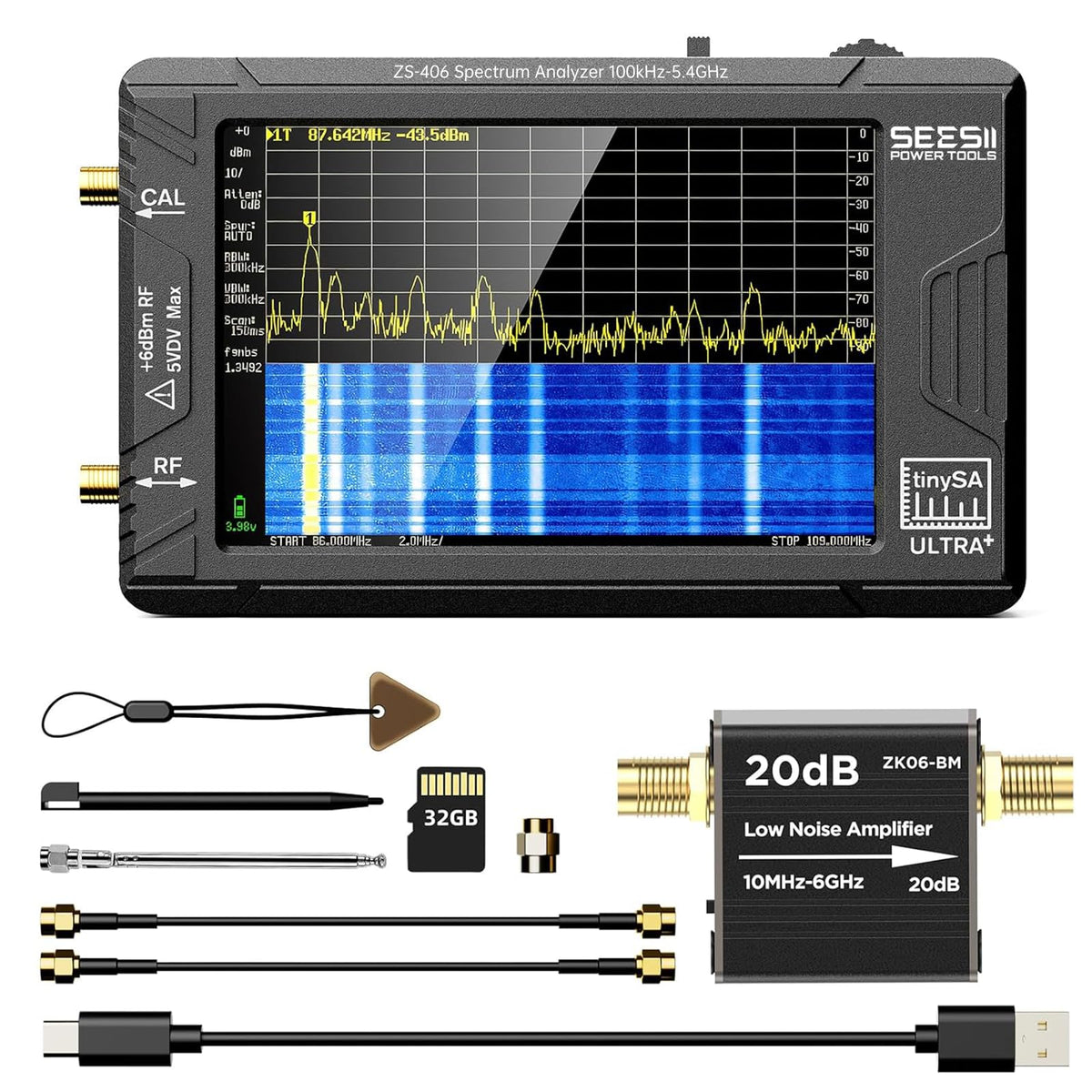 SEESII TinySA Ultra+ ZS406 Spectrum Analyzer 5.4GHz with ZK06 20dB LNA