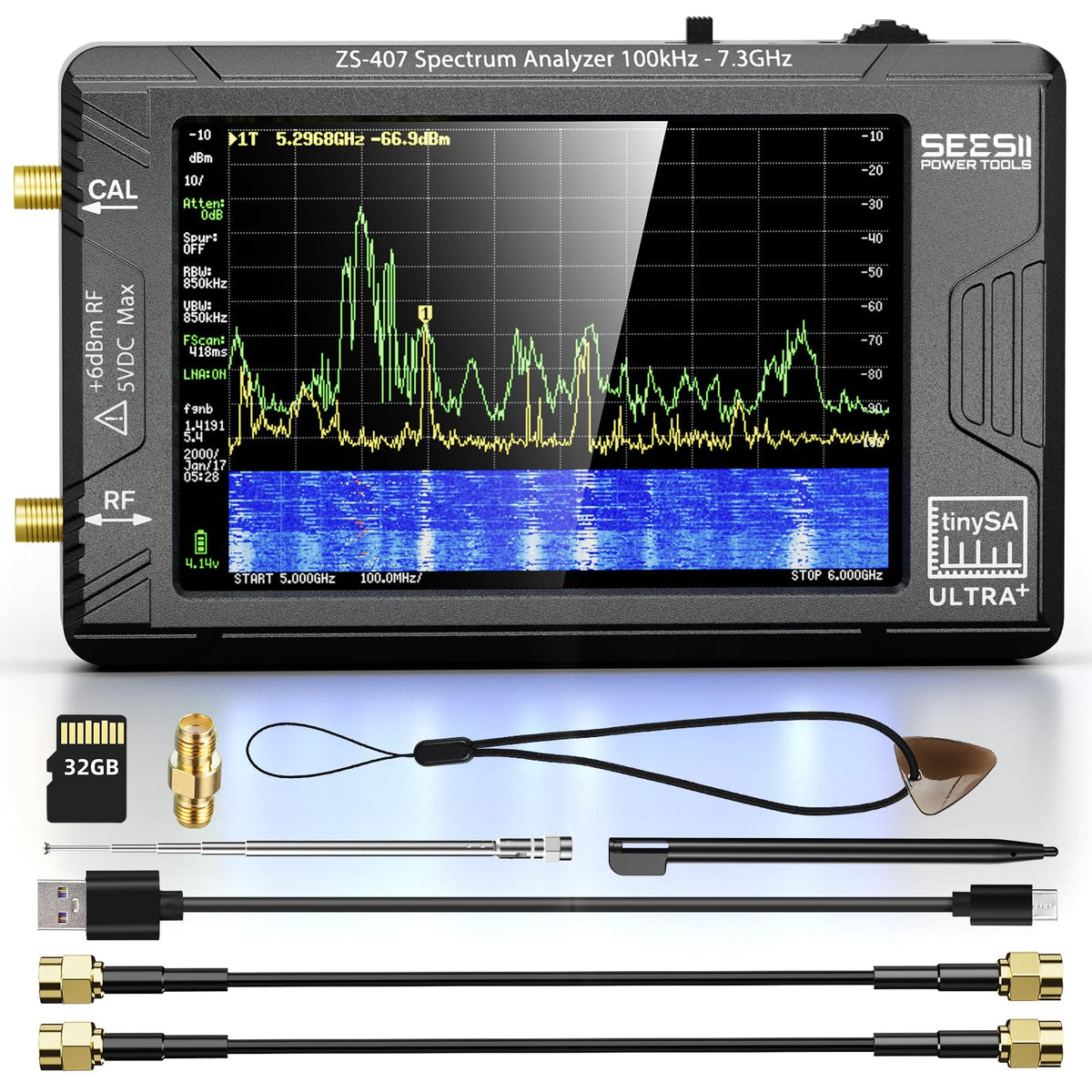 SeeSii TinySA Ultra+ ZS407 7.3GHz Spectrum Analyzer: 2026 Upgraded 4 Inch HW V0.5.4 100kHz-7.3GHz Handheld Tiny Frequency Analyzer - 2-in-1 RF Signal Generator 100kHz to 900MHz MF/HF/VHF UHF