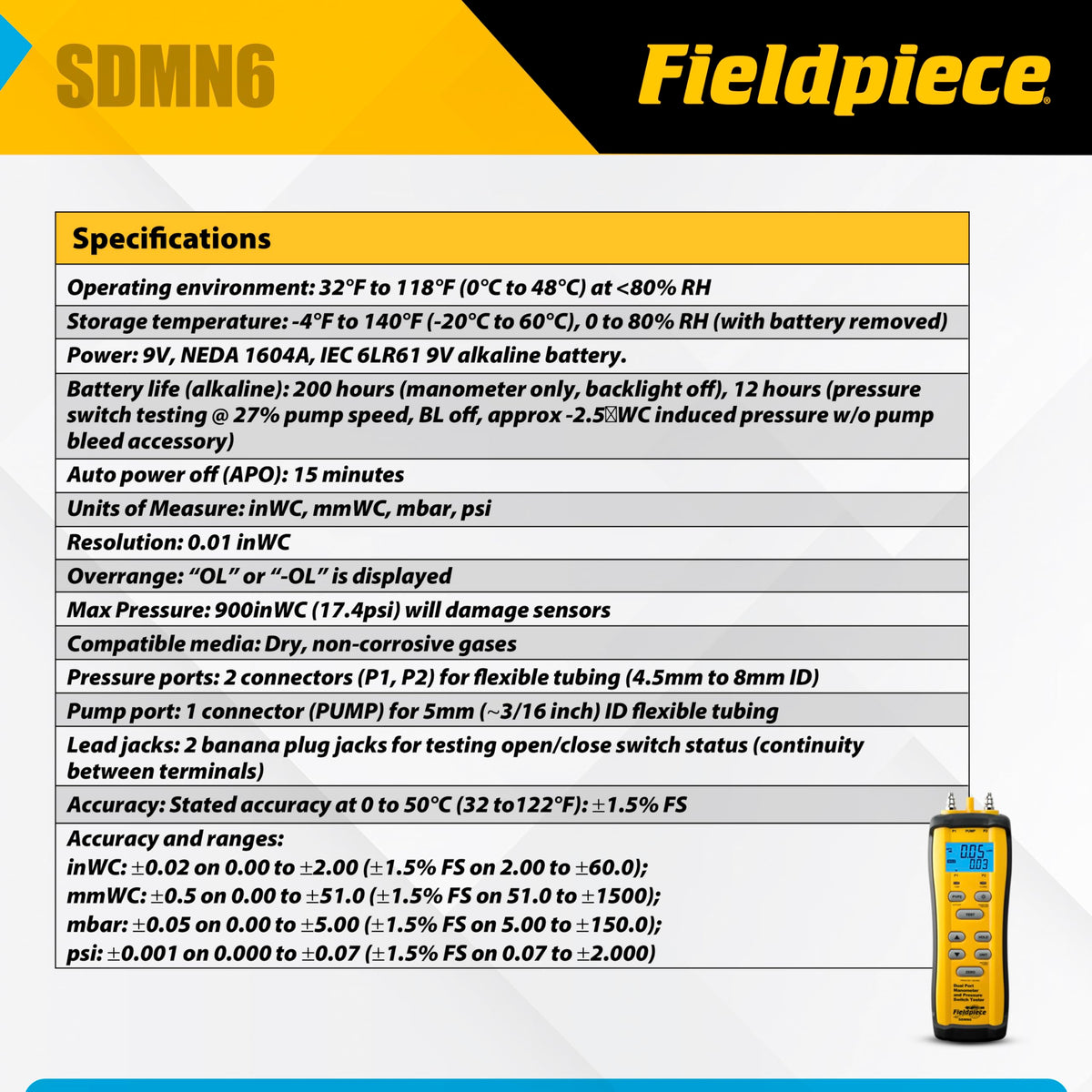 Fieldpiece SDMN6 Pressure Switch Tester