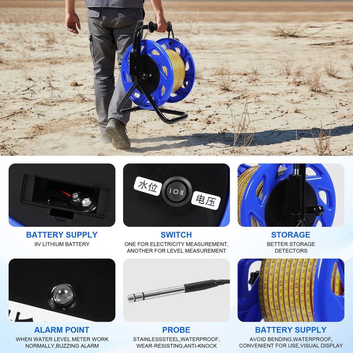 100m Water Level Measurement Gauge with Fixed Probe and Steel Tape Groundwater Level Measuring Instrument for Wells Boreholes Reservoirs and Pipes
