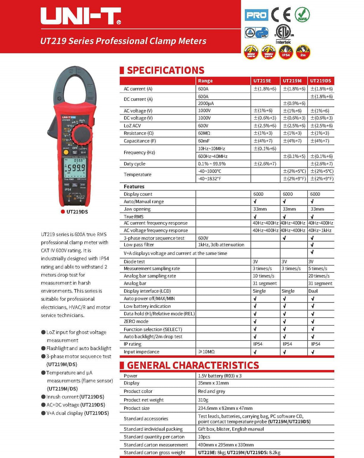 UNI-T UT219E UT219M UT219DS Pro Clamp Meter Digital Professional Pliers Ammeter 6000 Counts Electrical Repair Meter Tester(UT219M)