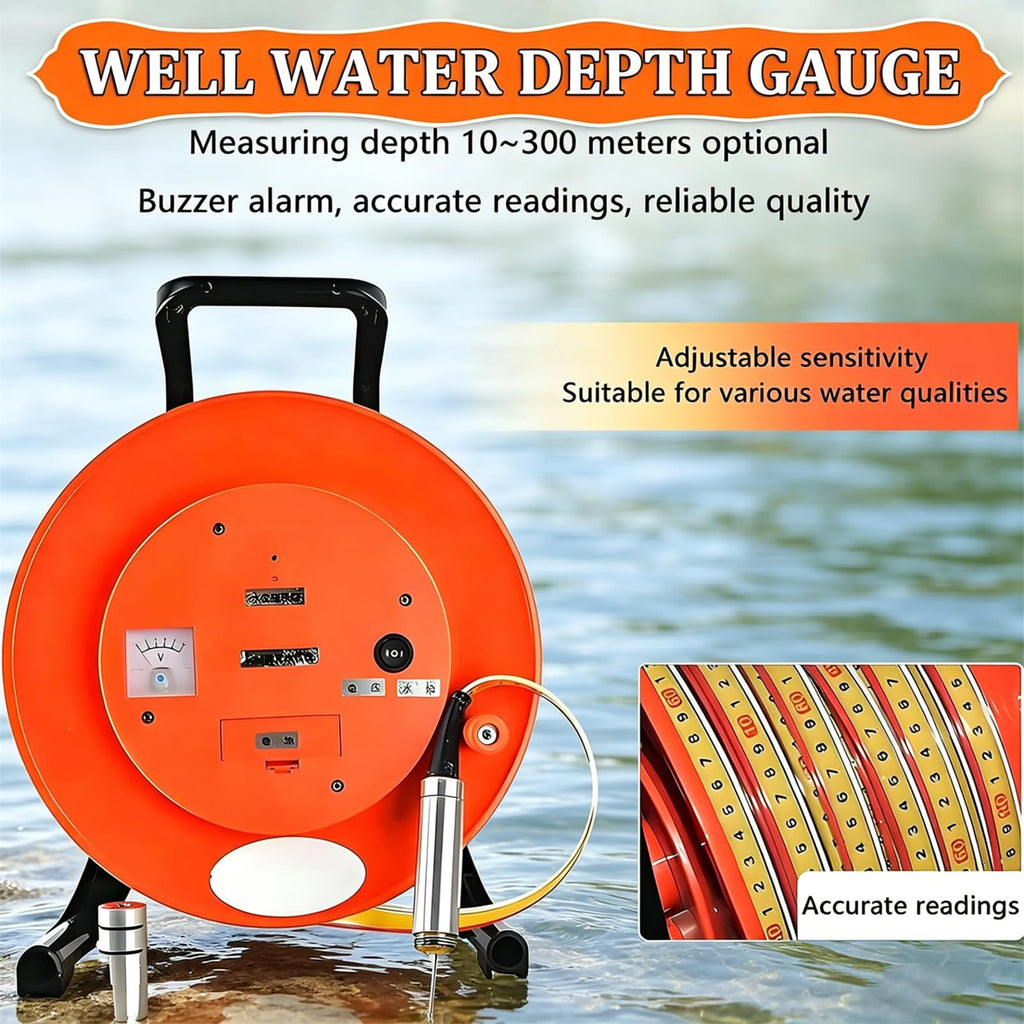 Well Water Depth Meter Indicator with Stainless Steel Probe, Electronic Water Level Gauge with Fixed Probe and Steel Tape, for Accurate Groundwater Level Measurement 200m(656ft)