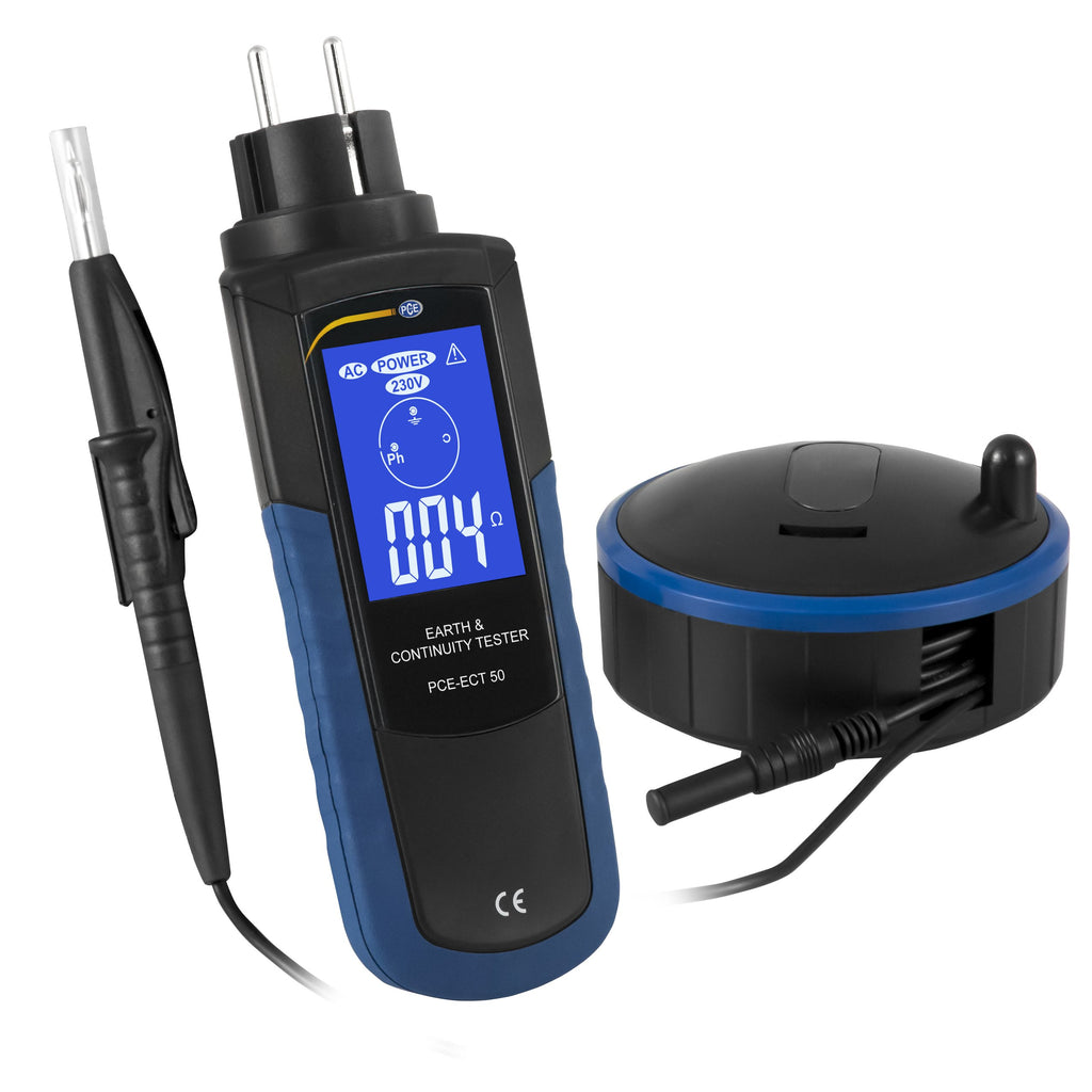 PCE Instruments, PCE-ECT 50-UK Electrical Tester for Earthing/Continuity, Measures 0–2000 Ω with Backlit Two-Colour LCD, Installation Cat III, IP40 Protection, 7 m Safety Lead