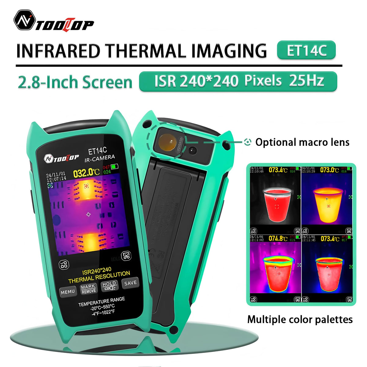 Thermal Camera 2.8 inch Thermal Imager ISR 240x240 25Hz Home Infrared Imaging Camera with Macro Lens for PCB detect Thermography with Stand Electrical Fault Detect (ET14C+Macro Lens)