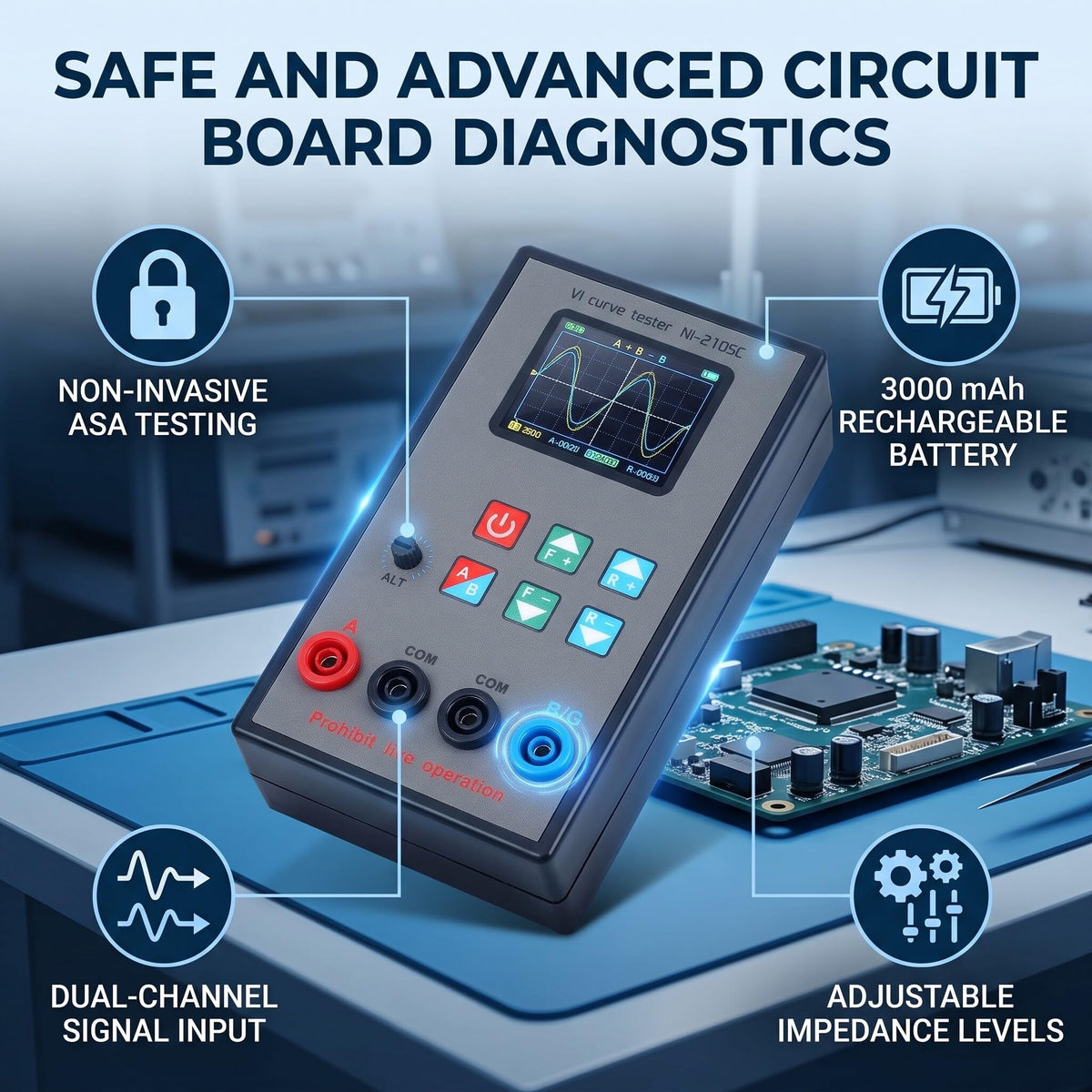 WALFRONT VI Curve Tester, Double Channel Circuit Board Tester with Color Screen, 18 Frequency Settings and 9 Impedance Levels, Rechargeable Li Battery 3000mAh for Circuit Analysis