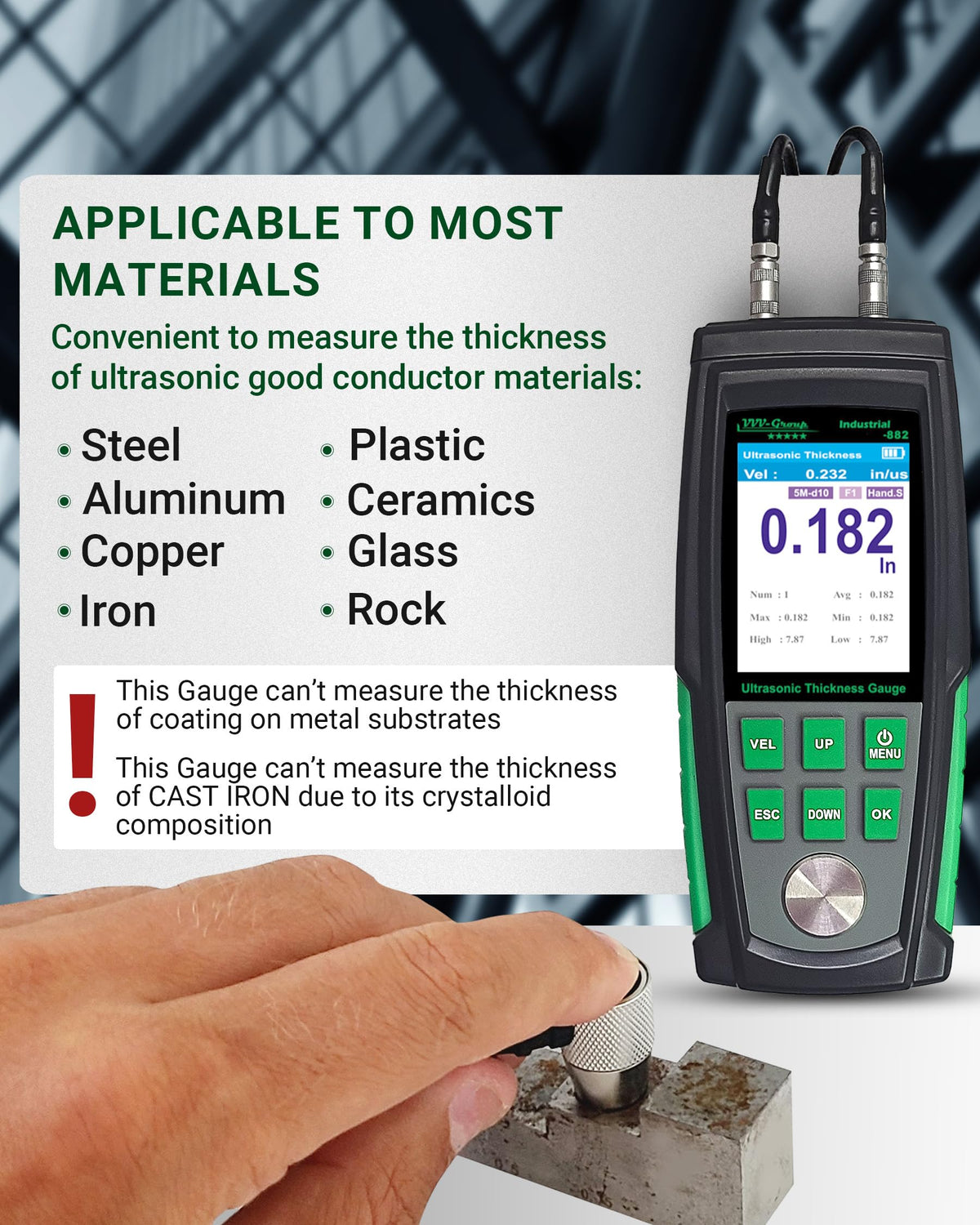 Ultrasonic Thickness Gauge Industrial-882 – Metal Thickness Tester for Steel, Pipes and Industrial Materials, 0.039–8.858 in (1–225 mm) Range, Color LCD, Auto Calibration, Handheld Thickness Tester