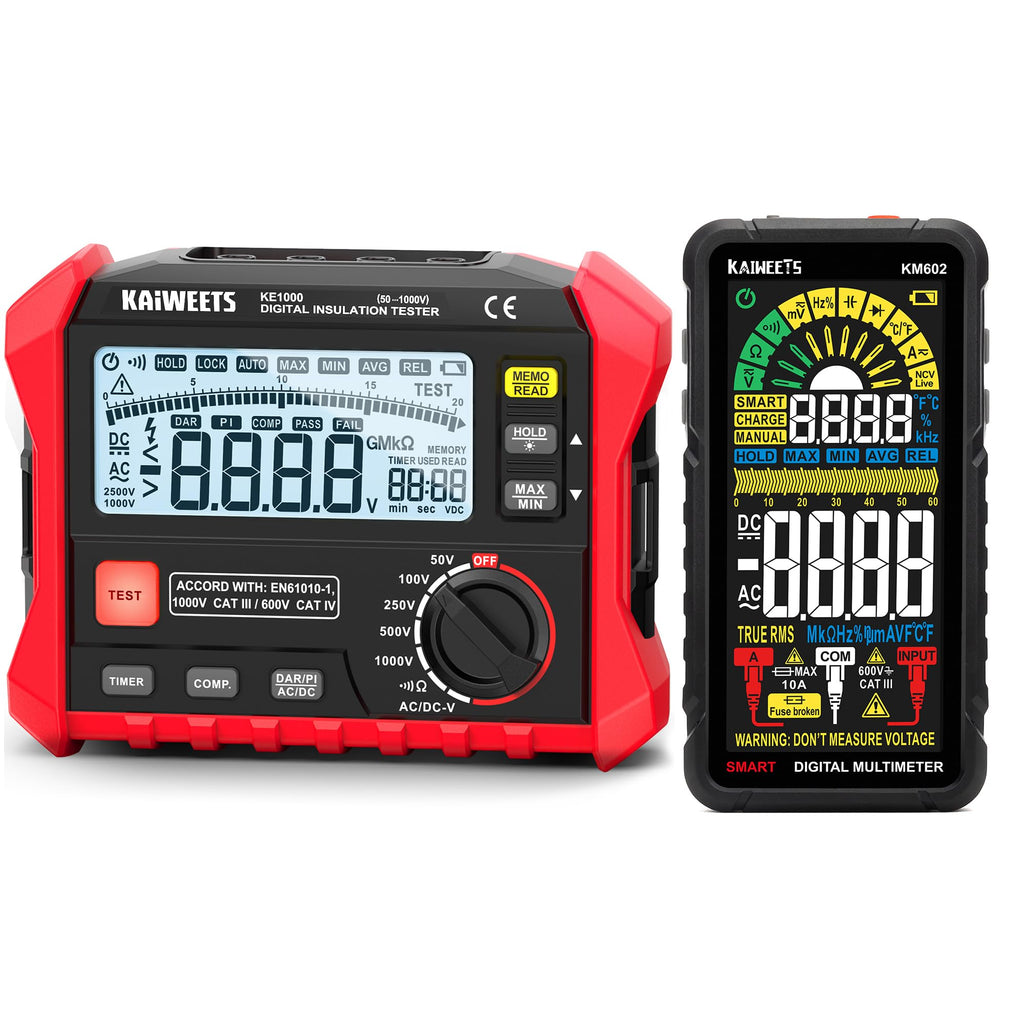 KAIWEETS KE1000 Megohmmeter Insulation Resistance Tester Up to 100GΩ and KAIWEETS KM602 Smart Multimeter Rechargeable Electrical Tester with Auto Ranging Digital Voltmeter