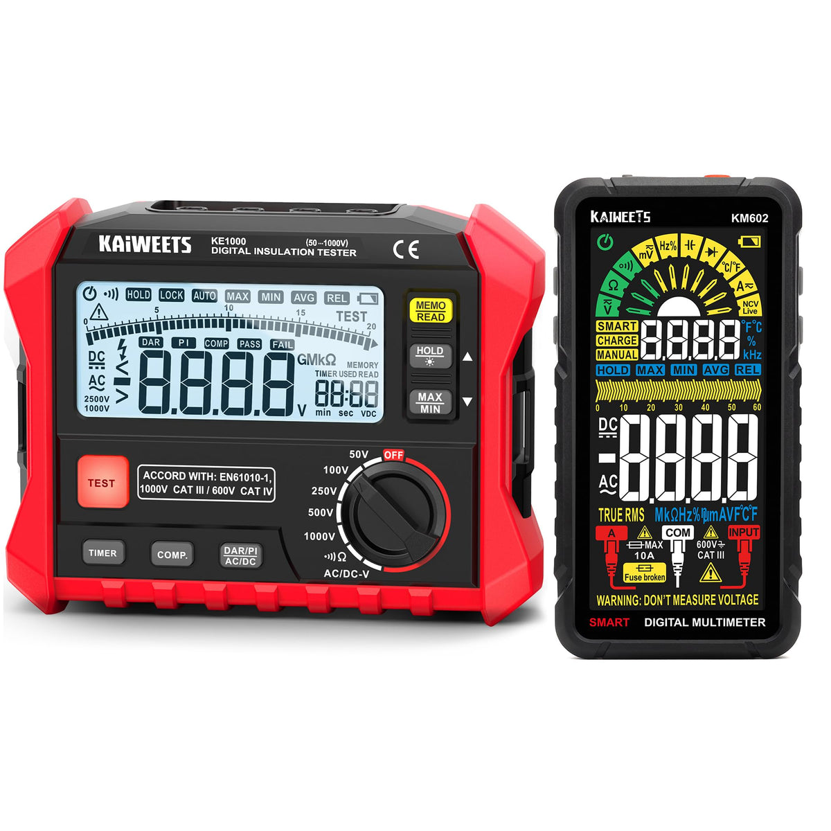 KAIWEETS KE1000 Megohmmeter Insulation Resistance Tester Up to 100GΩ and KAIWEETS KM602 Smart Multimeter Rechargeable Electrical Tester with Auto Ranging Digital Voltmeter