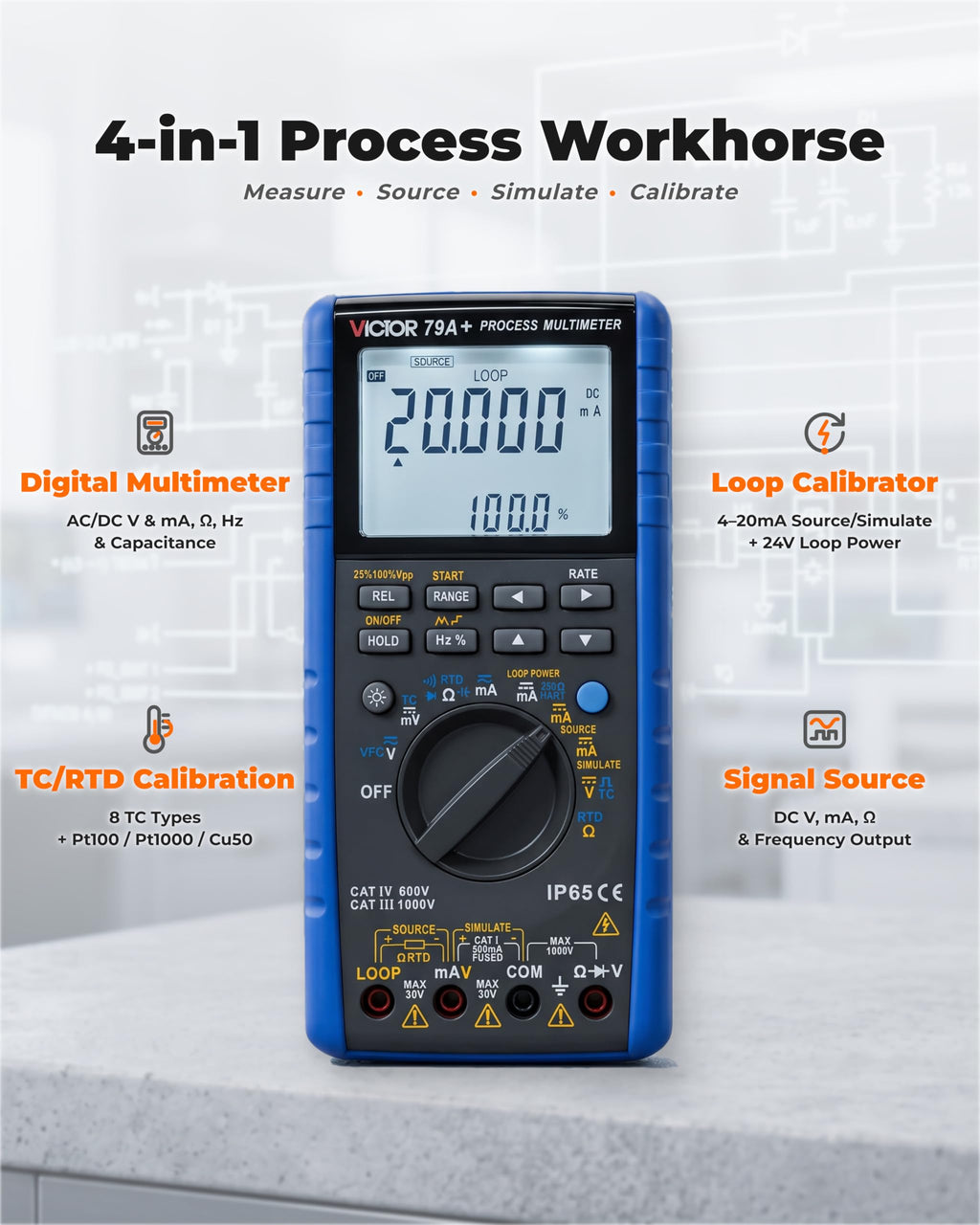 VC79A+ Process Calibrator Multimeter, 4-20mA Loop Calibrator, Signal Source
