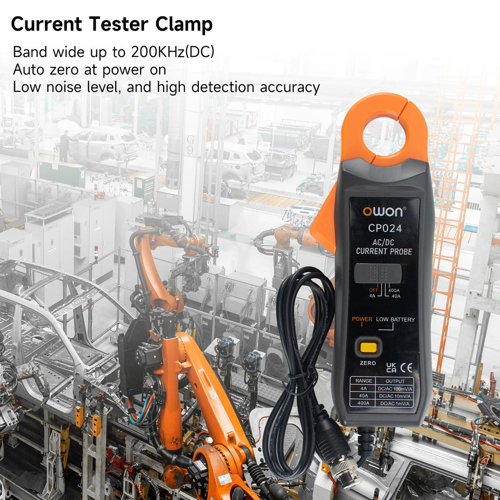 OWON CP024 AC/DC Current Probe for Oscilloscope, Current Clamp Probe 200KHz Bandwidth 4A, 40A, 200A, 300-400A Test Range, Current Tester Clamp Meter with BNC Type Connector