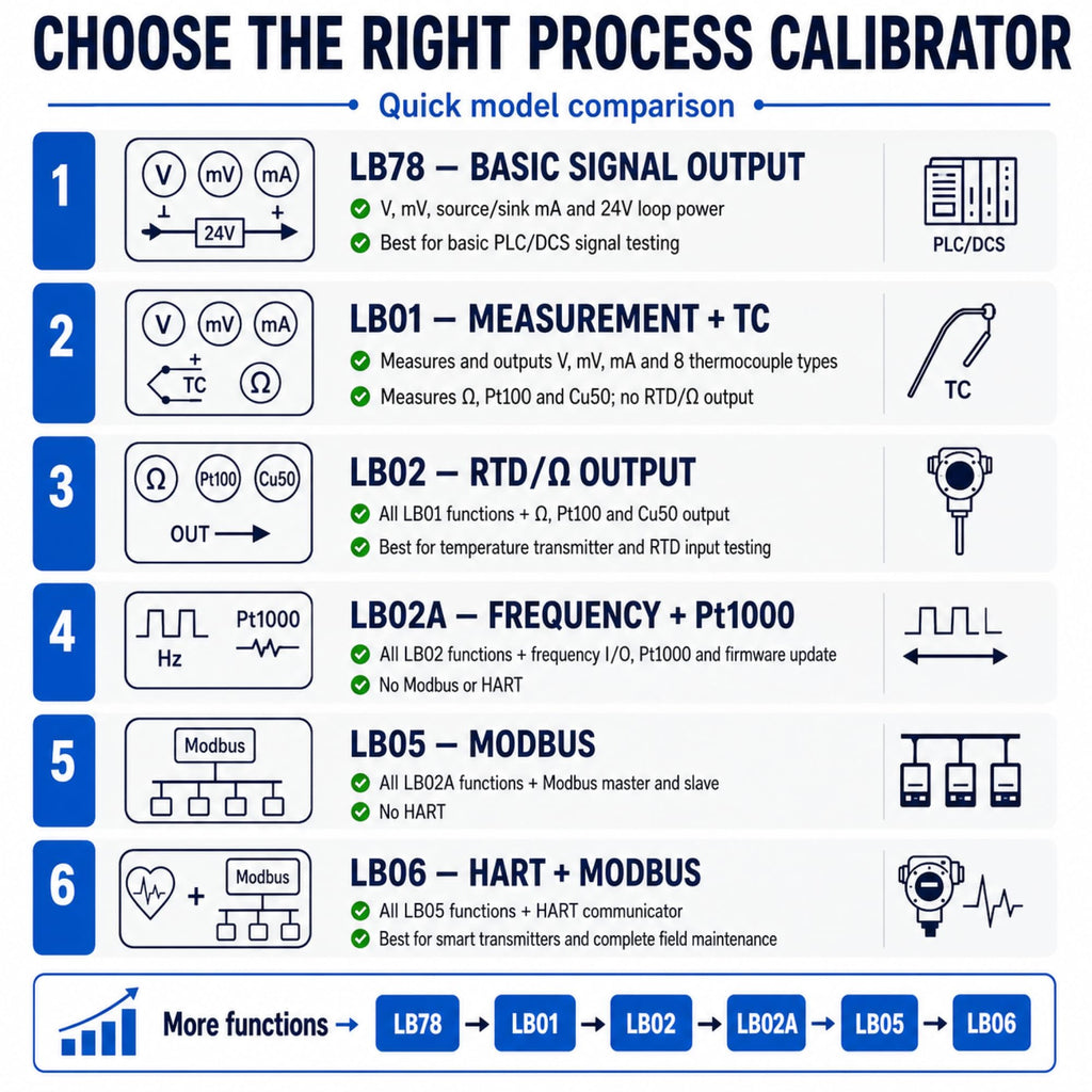 LB05 Process Calibrator with Modbus Master and Slave, 0-2500 Ohm Measurement, 20-2200 Ohm Output, Pt1000 RTD, 0-10 kHz Frequency, TC Signal Source
