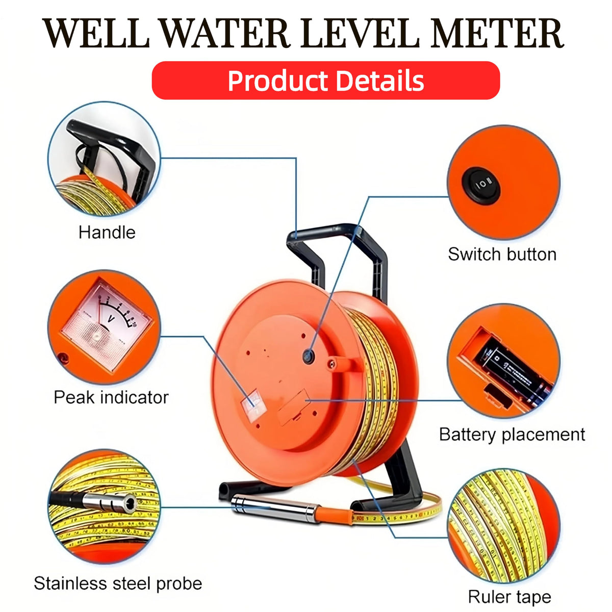 Water Level Meter - Electronic Depth Sounder for 10-300m Groundwater Levels, Well Water Indicator with Fixed Probe & 20m Steel Tape (65ft) - Accurate Depth Measurement Tool