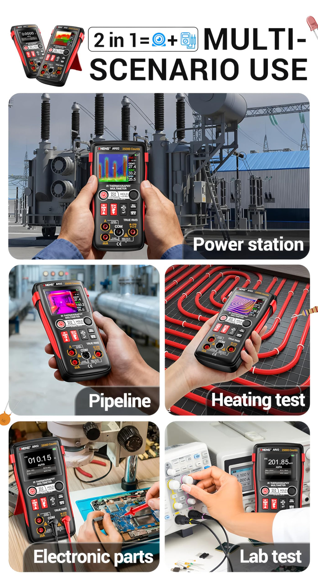 Thermal Imaging Multimeter 240×240 IR Resolution 96×96 IR Sensor-20°C~150°C Temperature Range,2.4" TFT Display or Repair(AR02)