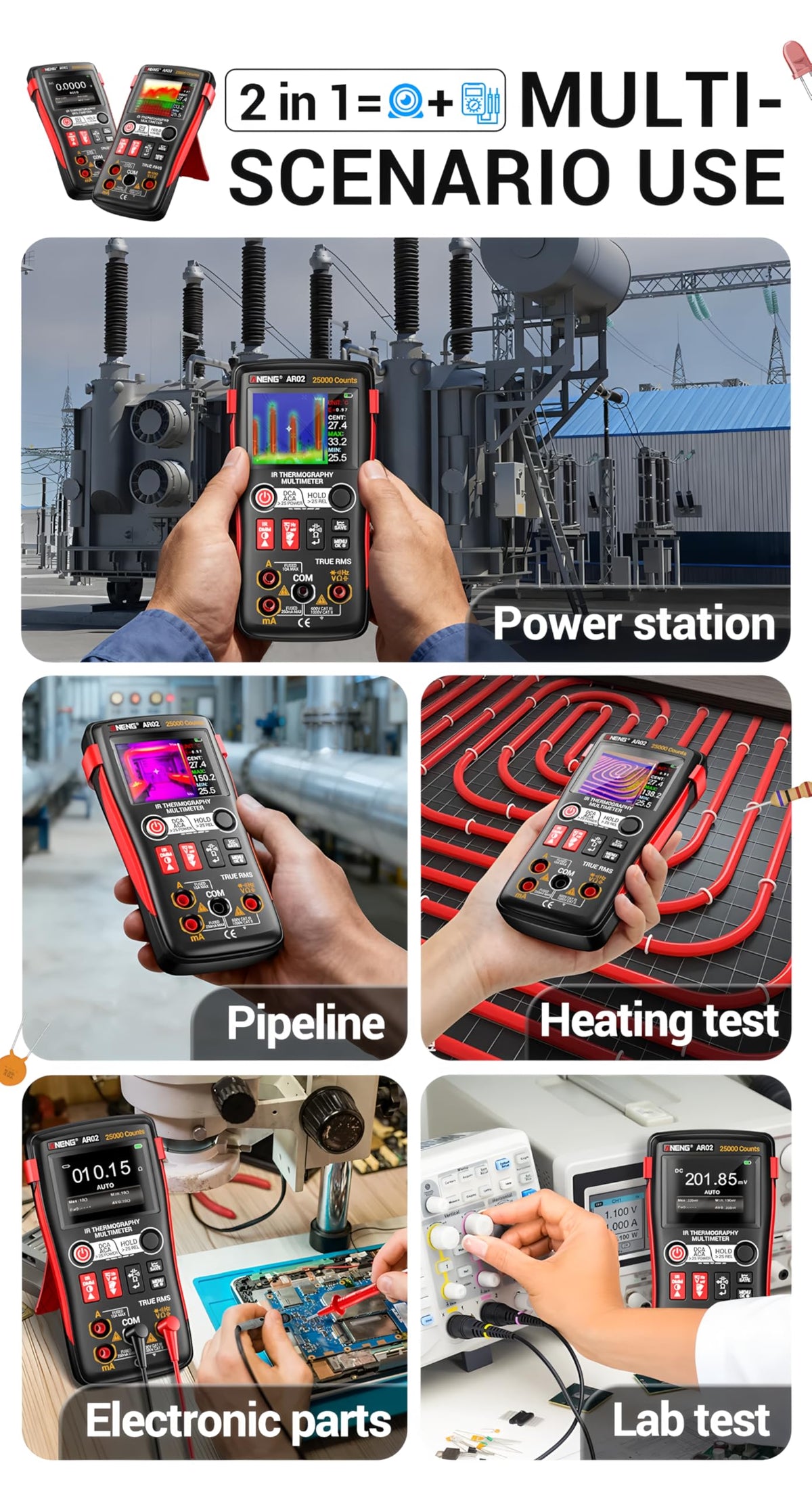 Thermal Imaging Multimeter 240×240 IR Resolution 96×96 IR Sensor-20°C~150°C Temperature Range,2.4" TFT Display or Repair(AR02)