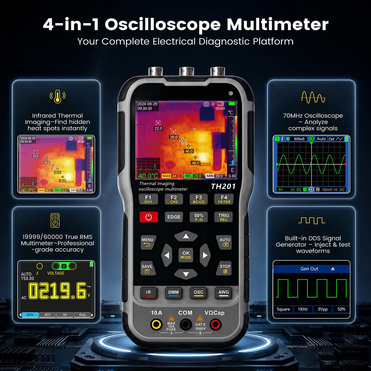 4-in-1 Handheld Oscilloscope with Thermal Imaging, 70MHz 200MSa/s Dual-Channel Digital Scope, 19999 Counts True RMS Multimeter, DDS Signal Generator,CAT II 1000V for Automotive Audio Power Electronics