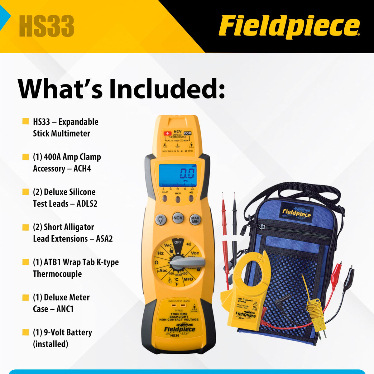 Fieldpiece HS33 Expandable Manual Ranging Stick Multimeter for HVAC/R – 400A Clamp - Non-Contact Voltage with Temperature to 1000°F - Capacitance and K-Type Thermocouple - HVAC Electrical Tester