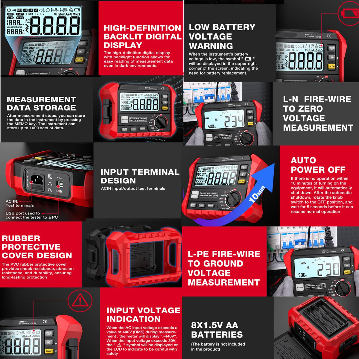 0.1~2000Ω Insulation Loop Tester, 0~440V Digital Loop Resistance Tester, with 1000pcs Data Storage, Full Auto Range Electrical Instruments Meter, Auto Shutdown, RCD Test Instrument, for Industry