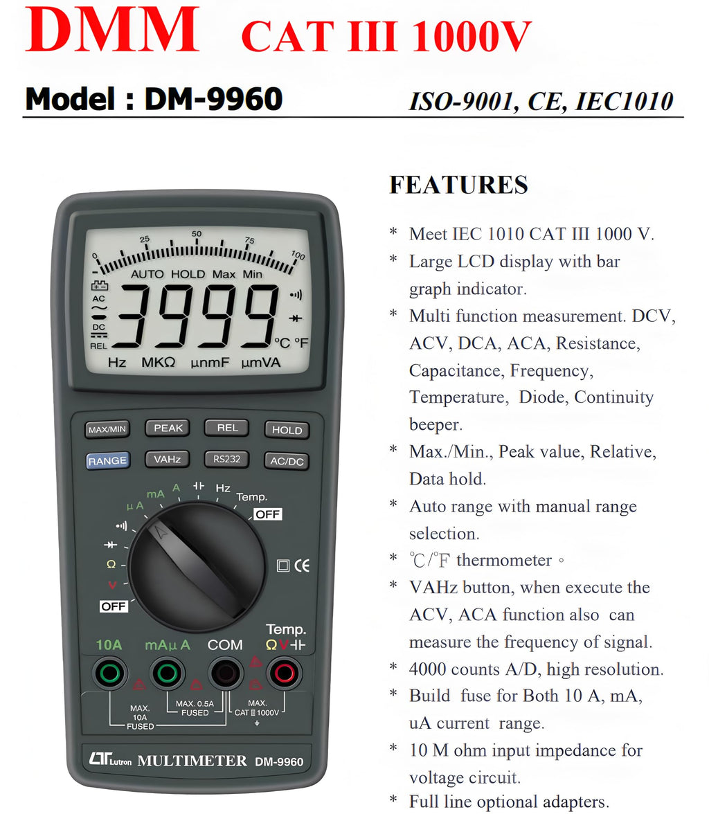 i-POOK DM-9960 Digital Multimeter AC/DC Voltmeter Ammeter Non-contact Voltage Detector Electric Current Tester Hz Diode Capacitor Large LCD Display with Bar Graph Indicator made in Taiwan