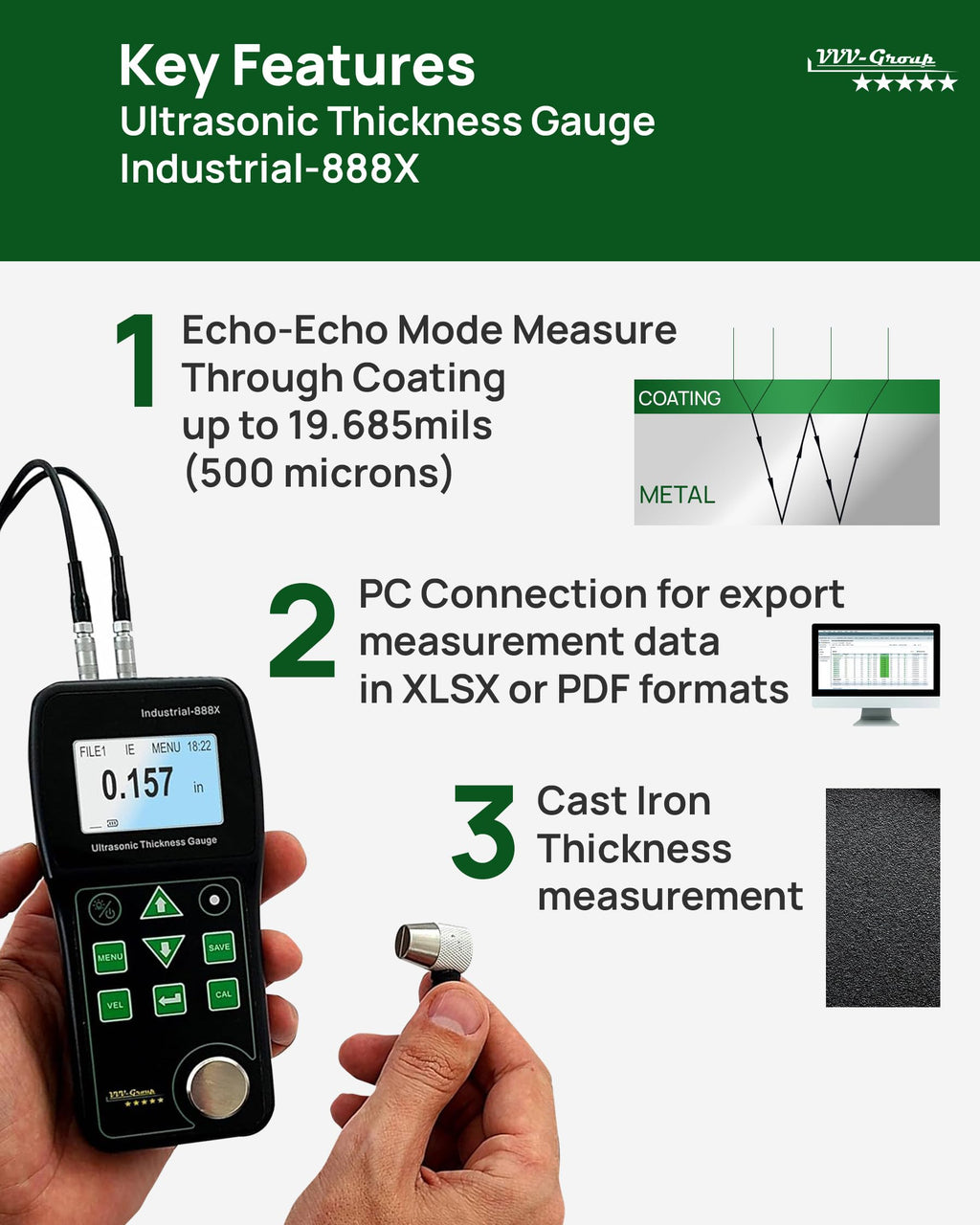Ultrasonic Thickness Gauge Industrial-888X, Echo/Pulse, PC Export XLSX/PDF