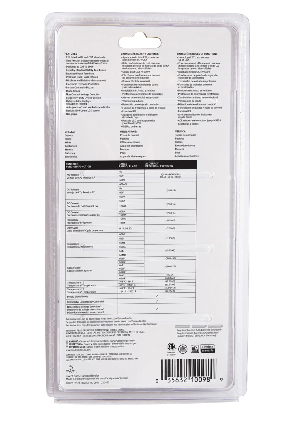 nVent Gardner Bender DSA1020TRMS Digital Clamp Meter, True RMS