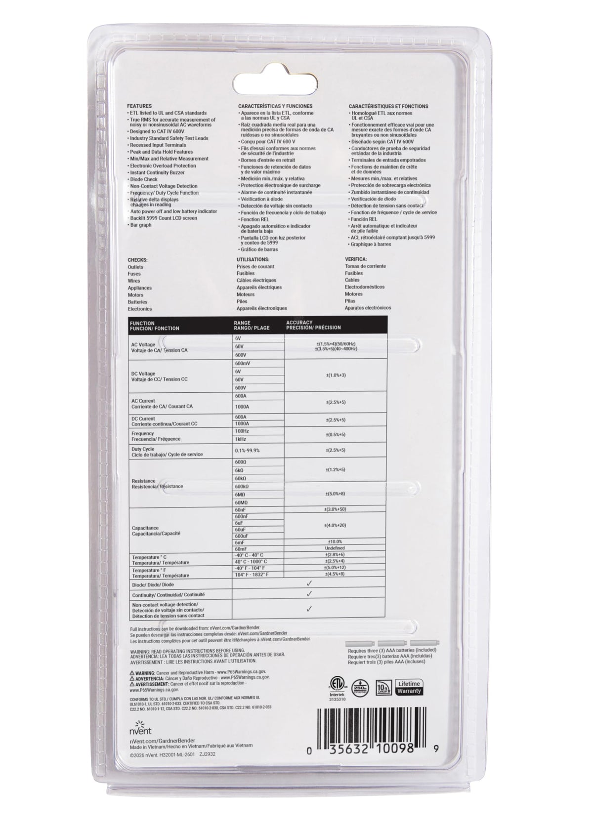 nVent Gardner Bender DSA1020TRMS Digital Clamp Meter, True RMS