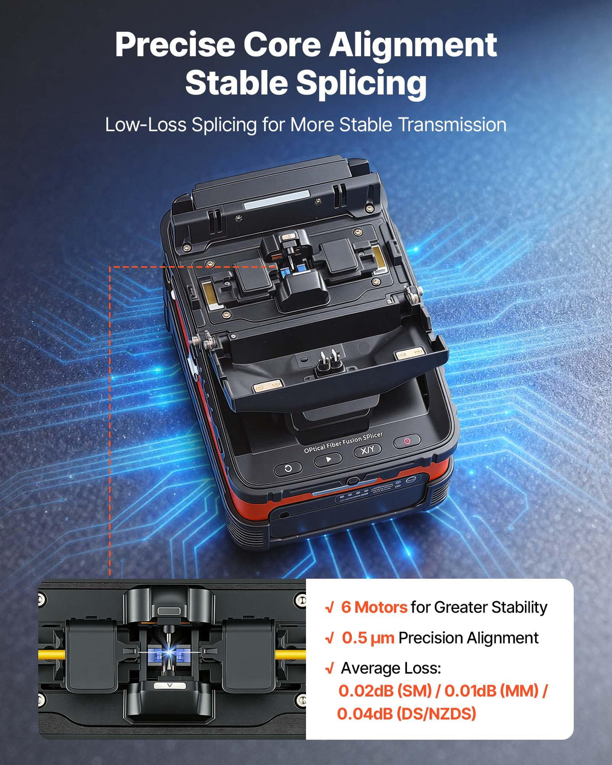 VEVOR Fiber Fusion Splicer 6 Motors with 8s Splicing & 18s Heating